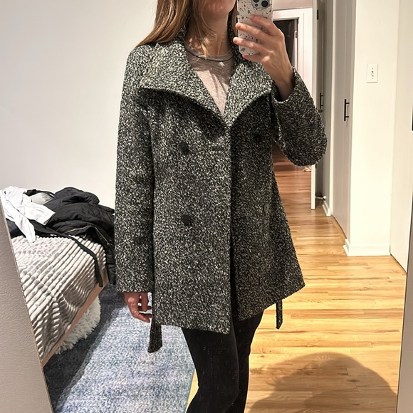 Calvin Klein Tweed Wool Winter Coat with Belt, Black and White Marled, Size XS/S - Picture 7 of 13